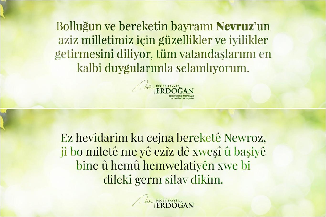 Cumhurbaşkanı Erdoğan'dan Türkçe ve Kürdçe 'Newroz' mesajı
